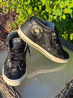 Converse Kids Black Leather All Star Mid-Top Sneakers - Slip In / No Tie - 4.5